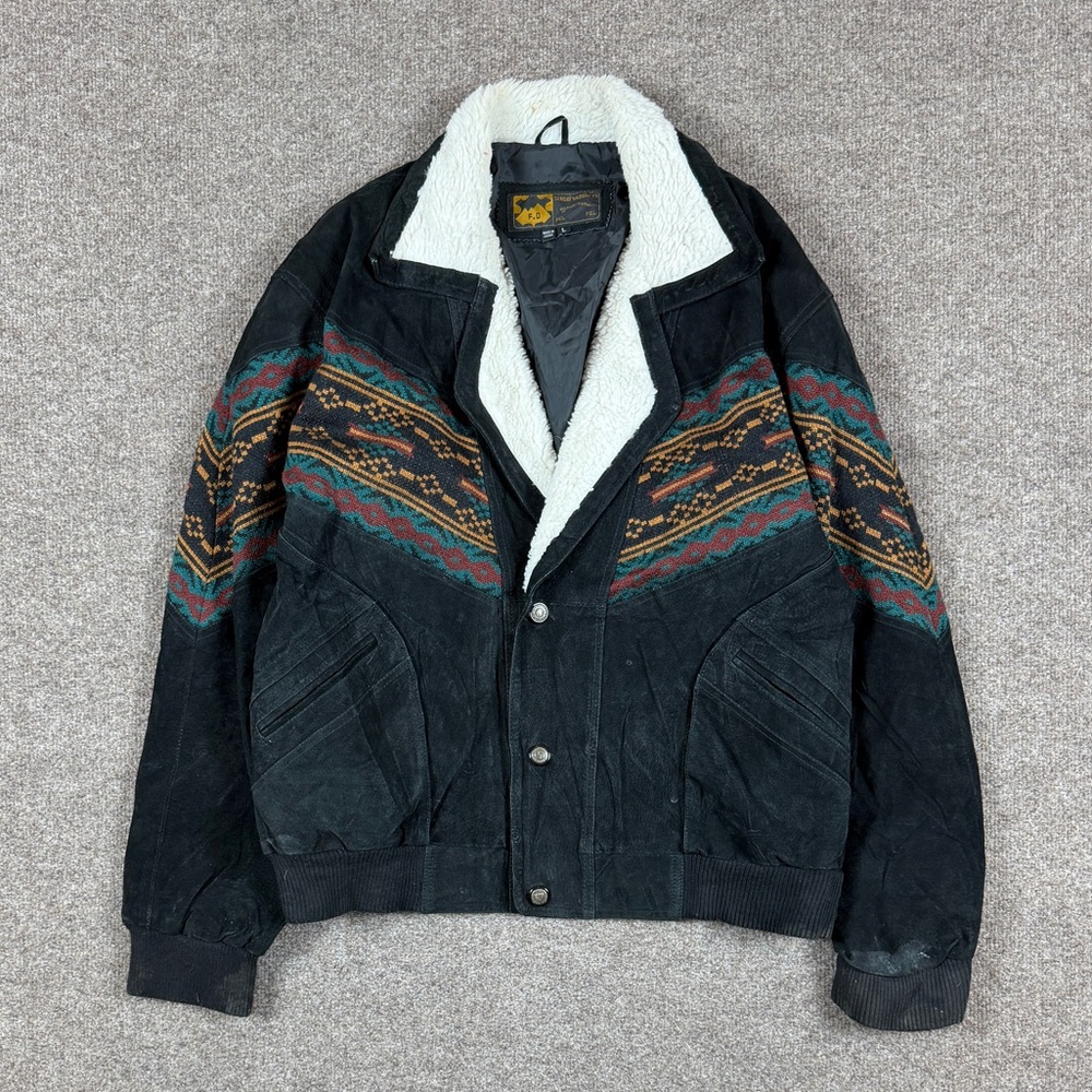 Vintage Southwestern Aztec Sherpa Collar Black Leather Bomber Jacket Men’s Large